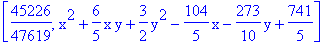 [45226/47619, x^2+6/5*x*y+3/2*y^2-104/5*x-273/10*y+741/5]